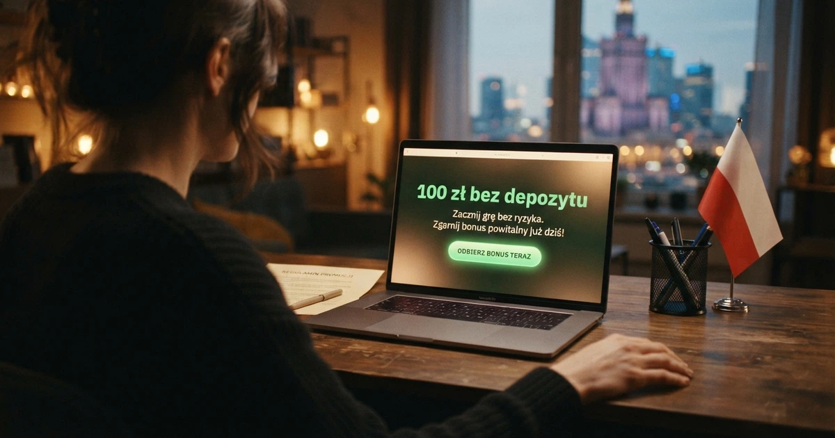 Ekran powitalny kasyna online z widocznym komunikatem o bonusie bez depozytu i symbolami polskiego rynku — flaga, dokumenty, rejestr domen