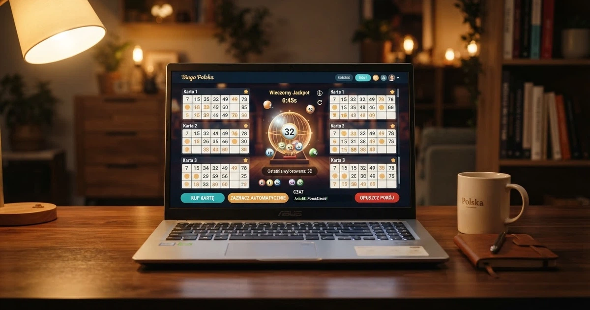 Interfejs kasyna online z otwartym pokojem bingo — karty gracza, panel losowania i przyciski akcji na ekranie komputera