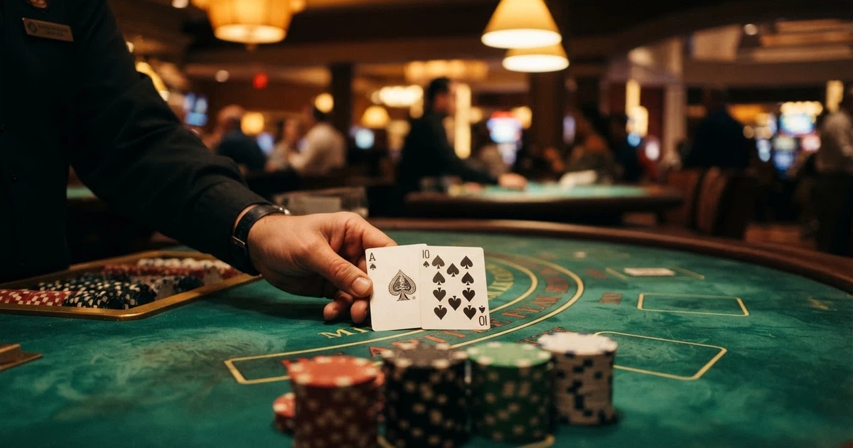 Stół do blackjacka na żywo z krupierem rozdającym karty, widok z perspektywy gracza