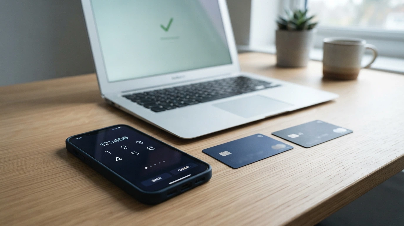 Smartfon z ekranem aplikacji BLIK pokazującym sześciocyfrowy kod, obok fizyczne karty Visa i Mastercard oraz logo Przelewy24 na monitorze laptopa