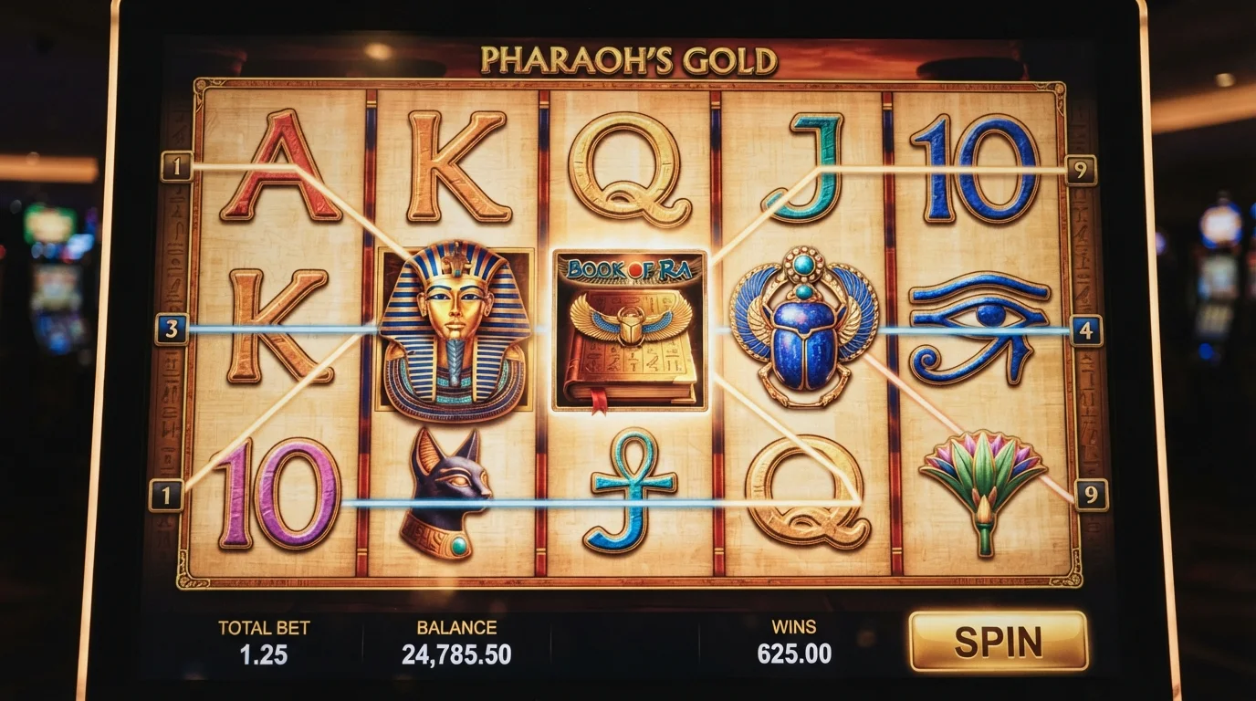 Ekran gry Book of Ra Deluxe — 5 bębnów z symbolami egipskimi: księga, faraon, skarabeusz