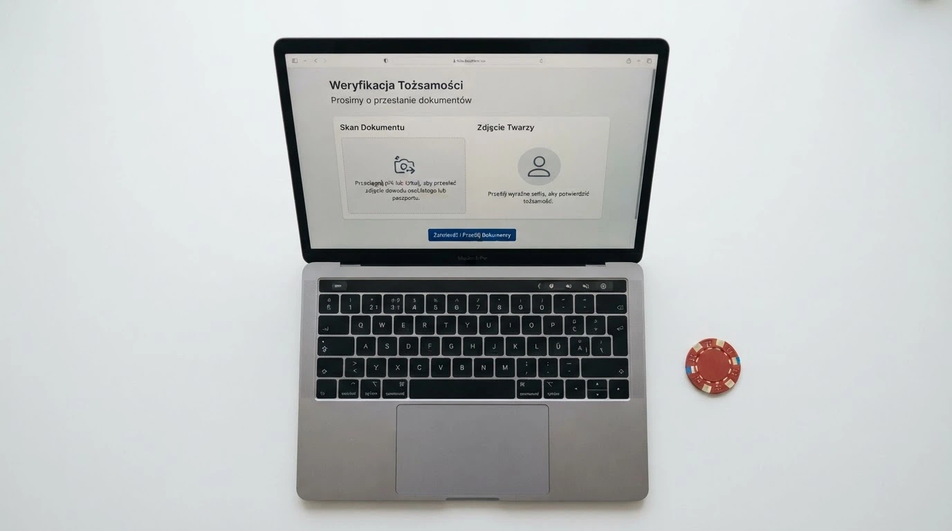 Ekran z formularzem weryfikacji tożsamości w kasynie online — widoczne pola na skan dowodu i zdjęcie twarzy, obok leży polski dowód osobisty