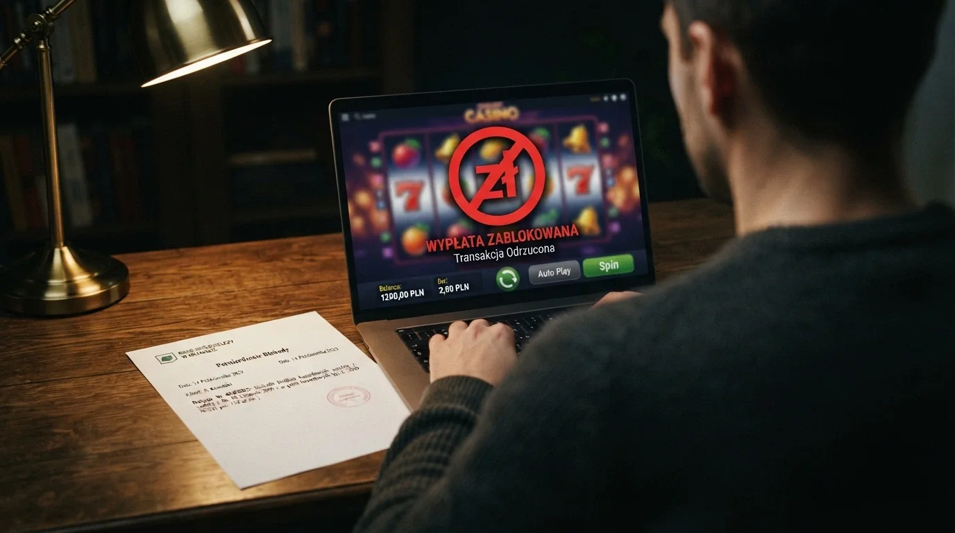 Dokument z pieczęcią Ministerstwa Finansów i paragraf widoczny obok ekranu laptopa z otwartą stroną kasyna, przekreślony znak złotówki