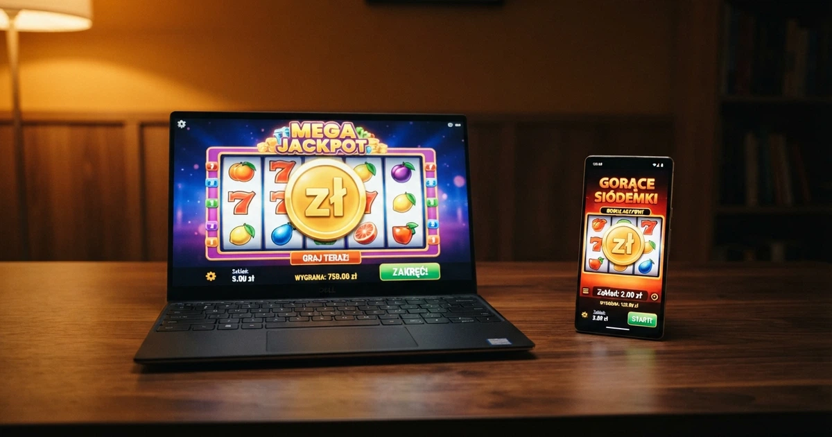 Strona Total Casino na ekranie laptopa i smartfona, obok pieczęć Ministerstwa Finansów i symbol polskiego monopolu hazardowego