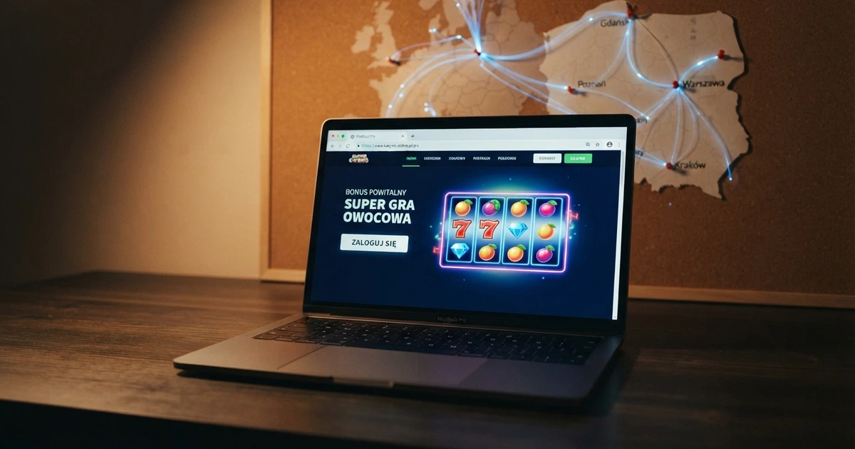 Ekran laptopa z otwartą stroną kasyna online, ikona kłódki VPN na pasku adresu, w tle mapa Polski z podświetlonymi połączeniami sieciowymi
