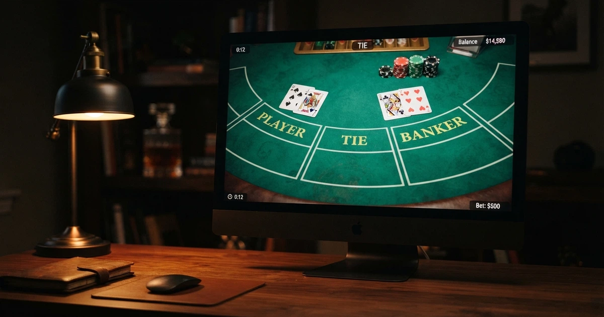 Stół do bakarata online z polami zakładów Banker, Player i Tie na ekranie komputera