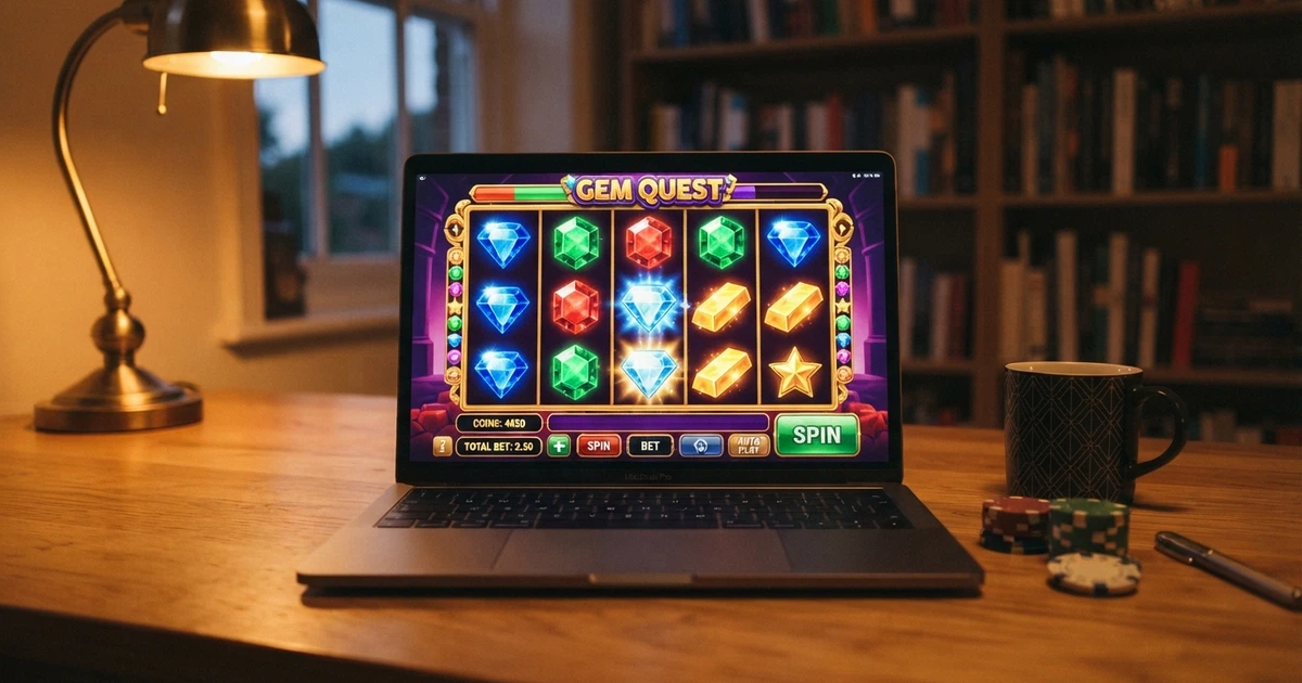 Strona kasyna online z grami Microgaming na ekranie laptopa, widoczne logo dostawcy i ikony slotów