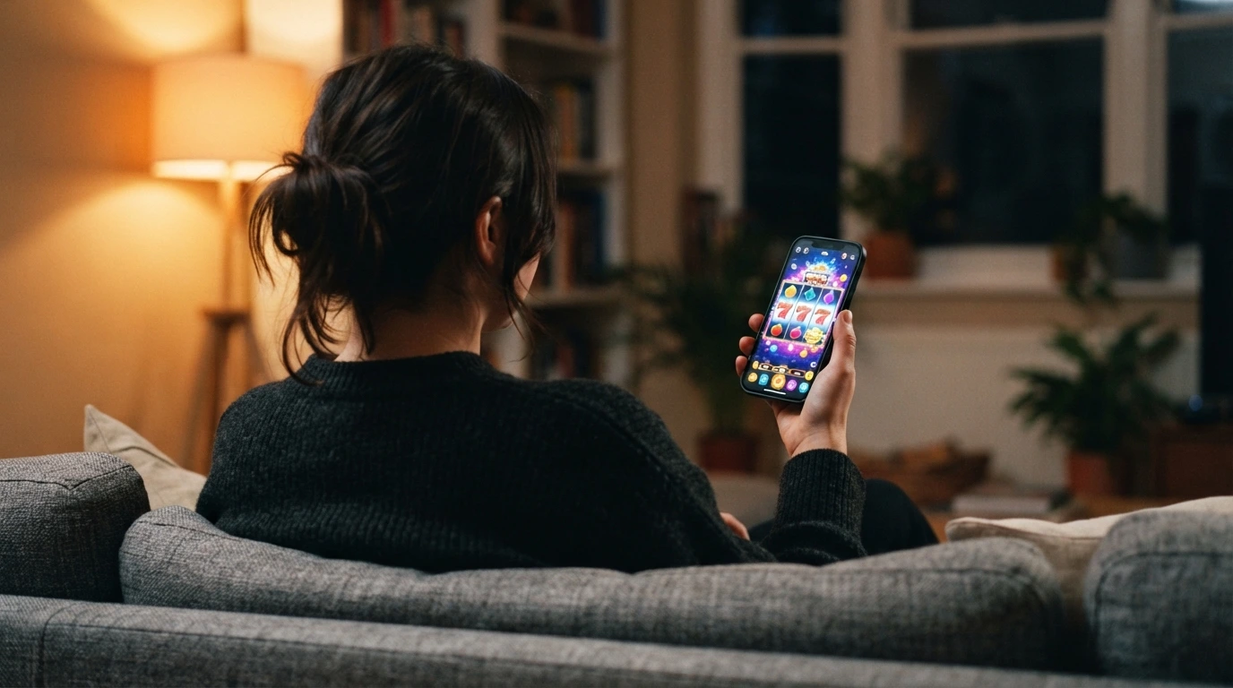Dłoń trzymająca smartfon z otwartą grą kasynową — układ interfejsu dotykowego z przyciskami i slotem