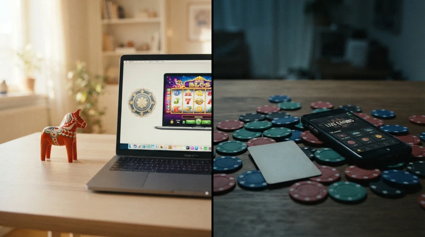 Podział ekranu: z lewej logo Total Casino z pieczęcią Ministerstwa Finansów, z prawej symbole offshore kasyn z przekreśloną flagą Polski