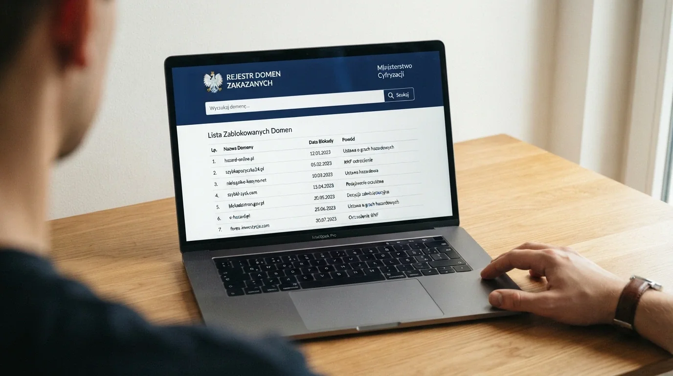 Ekran komputera z widoczną stroną Rejestru Domen Zakazanych Ministerstwa Finansów i polem wyszukiwania domeny