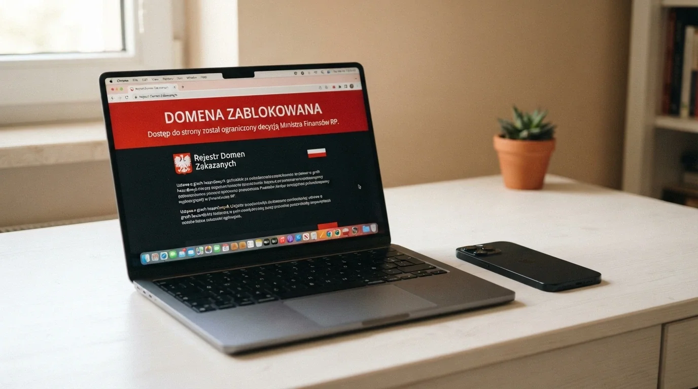 Dokument urzędowy z logo Ministerstwa Finansów i pieczęcią, obok ekran z komunikatem o blokadzie domeny hazardowej