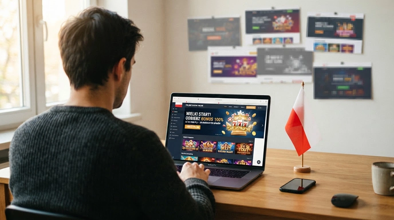 Flaga Polski obok ekranu laptopa z otwartą stroną Total Casino — w tle szare, zamazane loga innych kasyn.