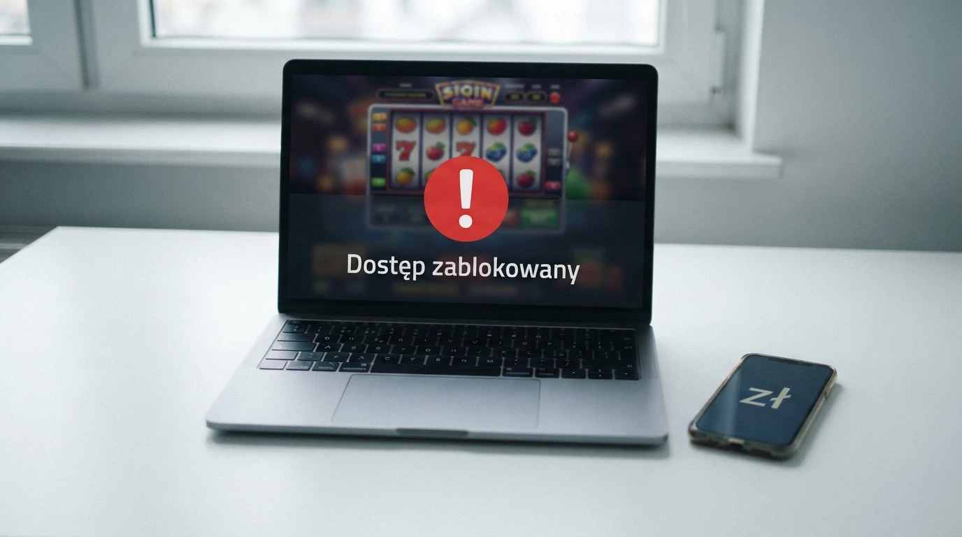 Dokument urzędowy z pieczęcią Ministerstwa Finansów obok ekranu kasyna online z przekreśloną ikoną ostrzeżenia