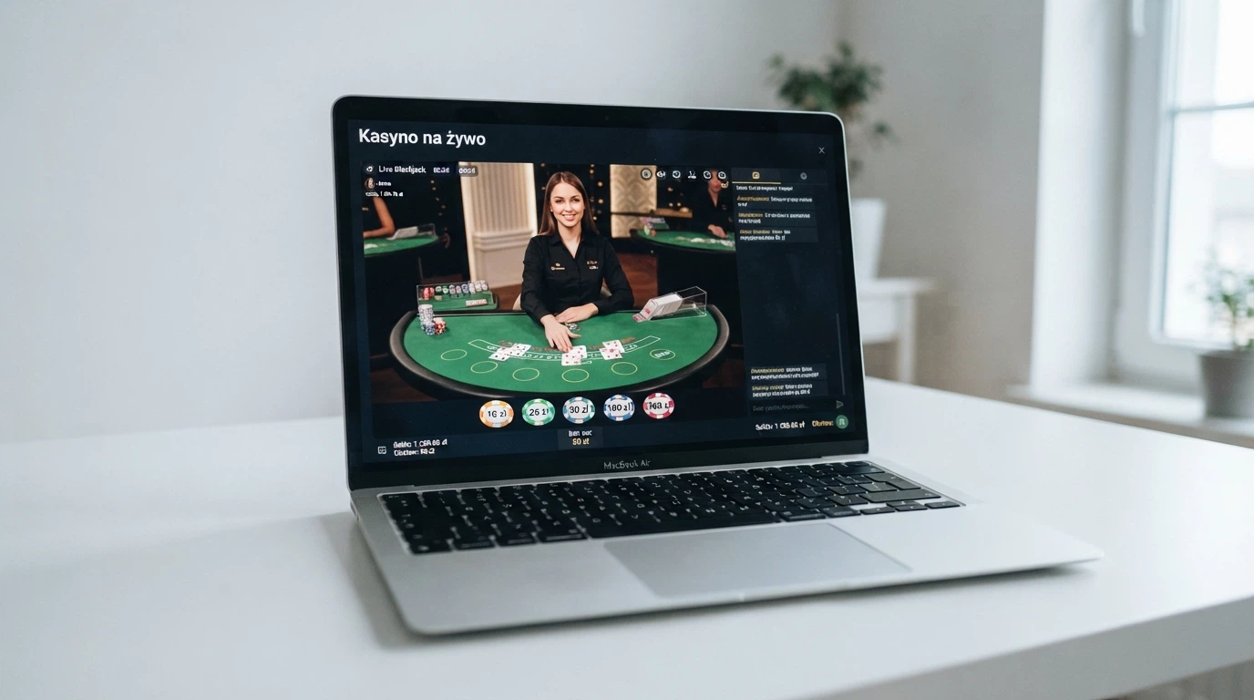 Ekran komputera z otwartą stroną Total Casino — logo Totalizatora Sportowego i podgląd stołu live z polskojęzycznym krupierem