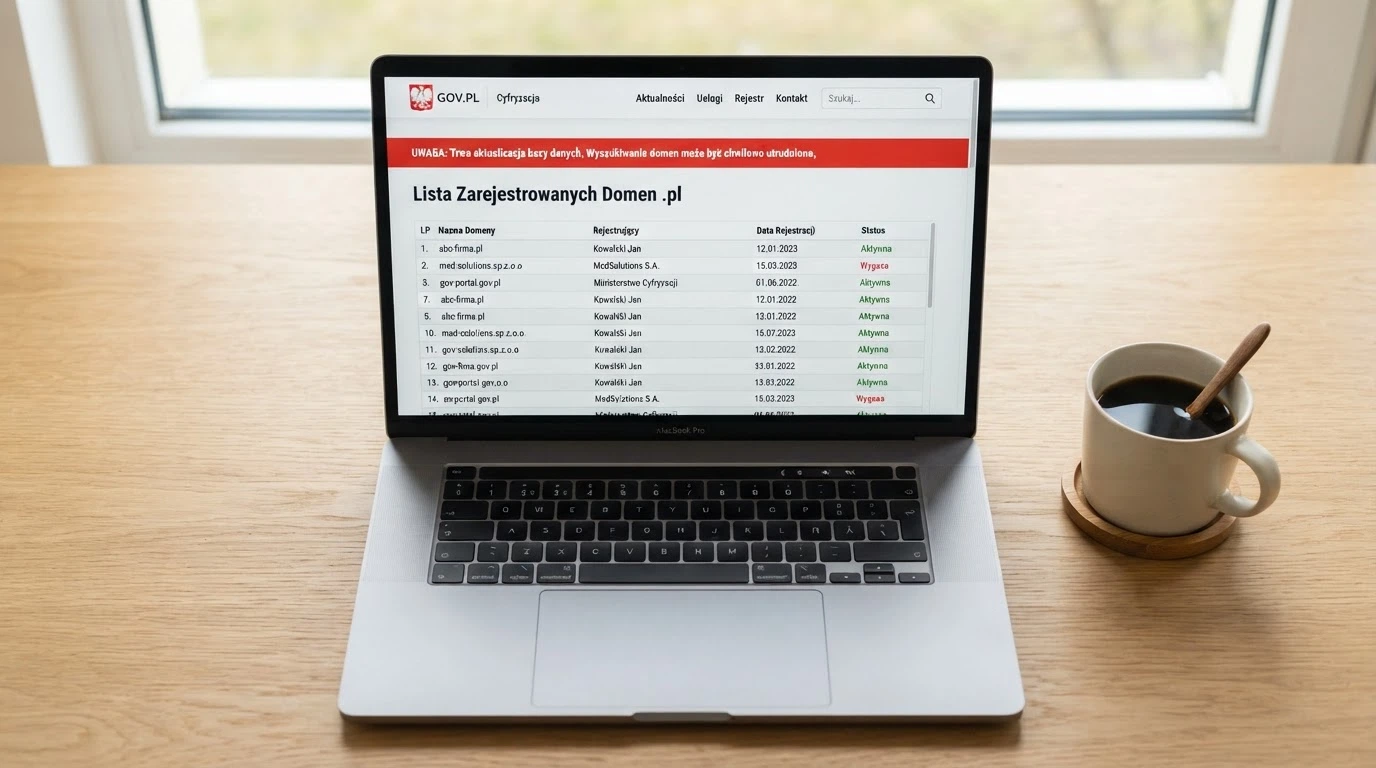 Ekran laptopa z widoczną stroną Rejestru Domen hazard.mf.gov.pl i logo Ministerstwa Finansów