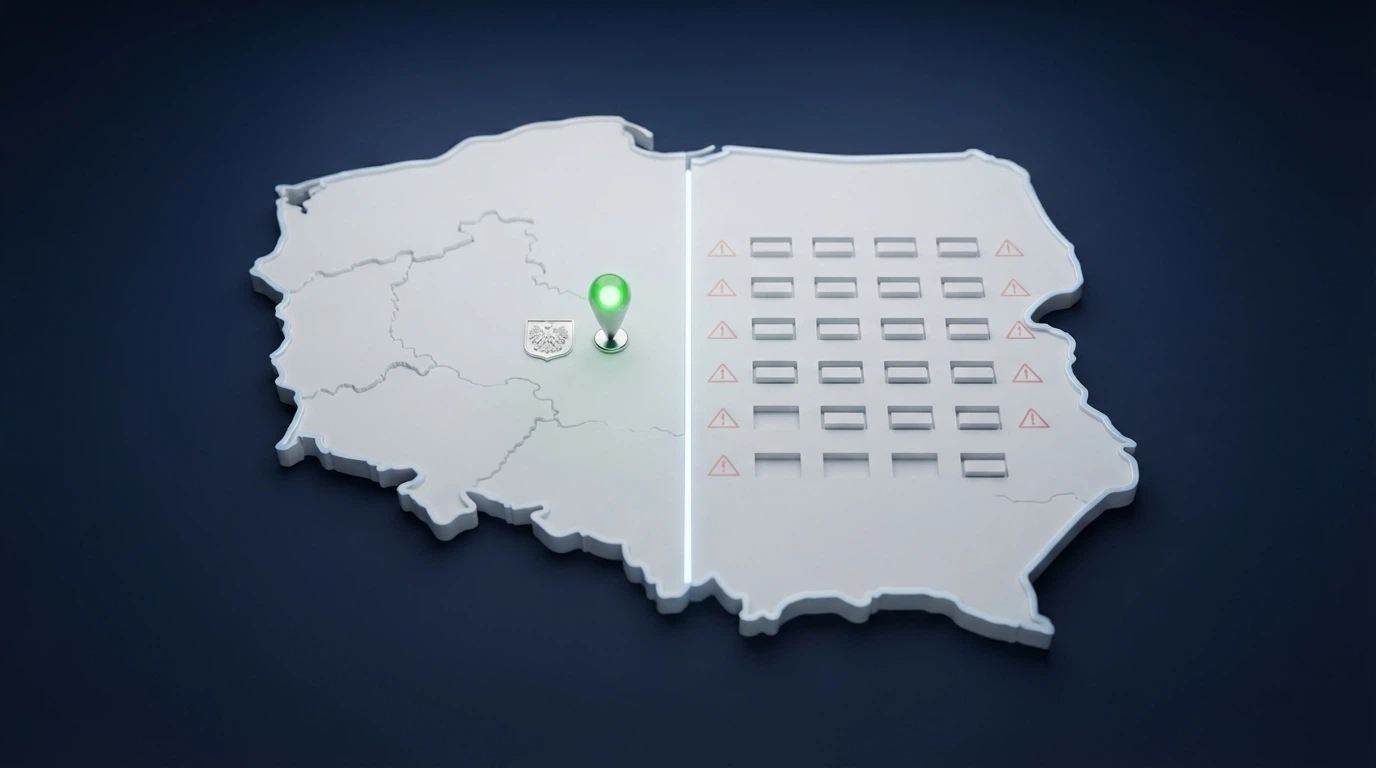 Podział ekranu: z lewej znacznik na mapie Polski z symbolem legalnego kasyna, z prawej ostrzegawczy znak przy adresach zagranicznych domen