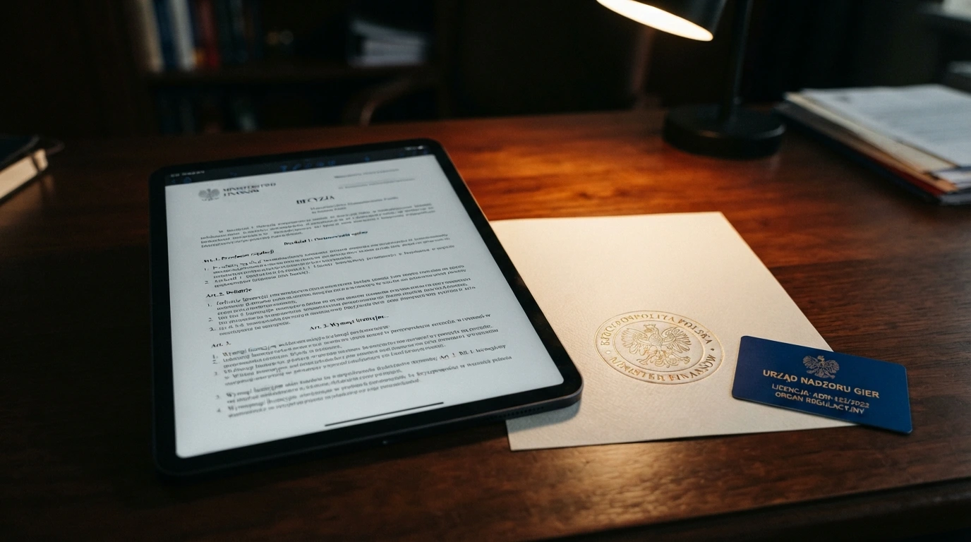 Fragment ustawy o grach hazardowych na ekranie tableta, obok pieczęć Ministerstwa Finansów i logo Total Casino