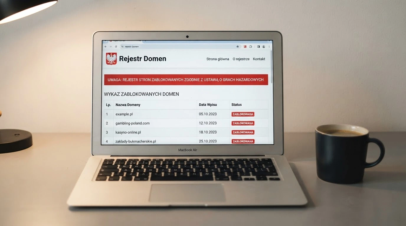 Ekran rejestru domen hazardowych Ministerstwa Finansów z listą zablokowanych stron hazardowych