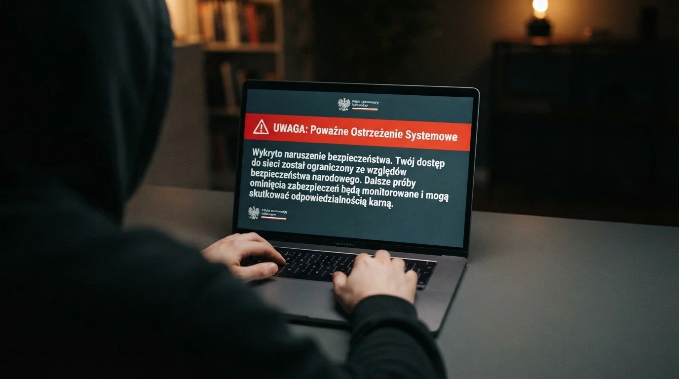 Ostrzeżenie Ministerstwa Finansów na ekranie — komunikat o nielegalnym hazardzie i konsekwencjach karno-skarbowych