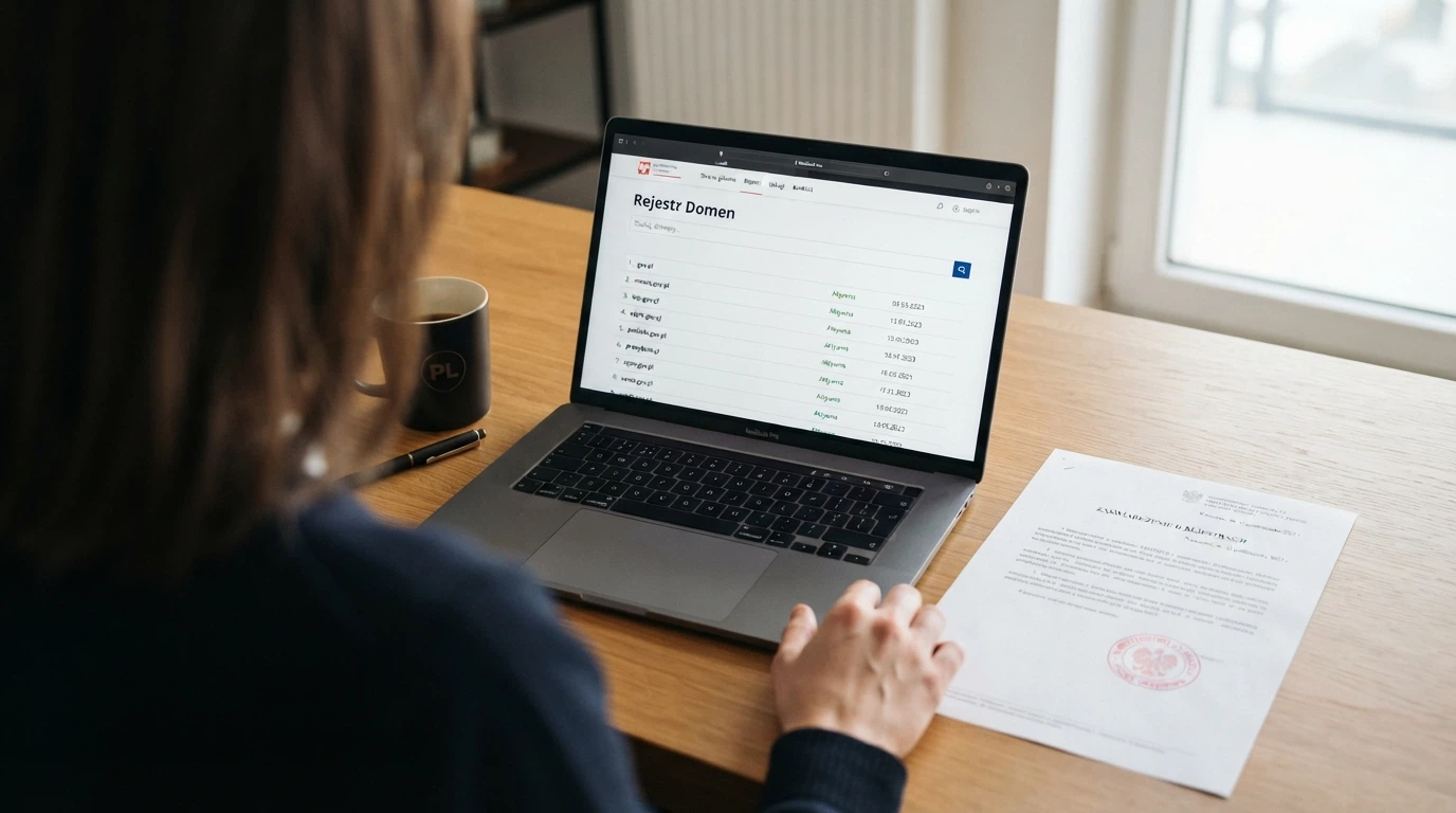 Dokument urzędowy z pieczęcią Ministerstwa Finansów obok ekranu Rejestru Domen Hazardowych