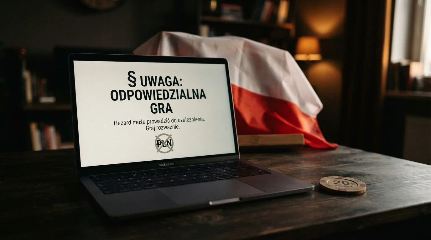 Flaga Polski na tle ekranu z komunikatem ostrzegawczym Ministerstwa Finansów i symbolem paragrafu