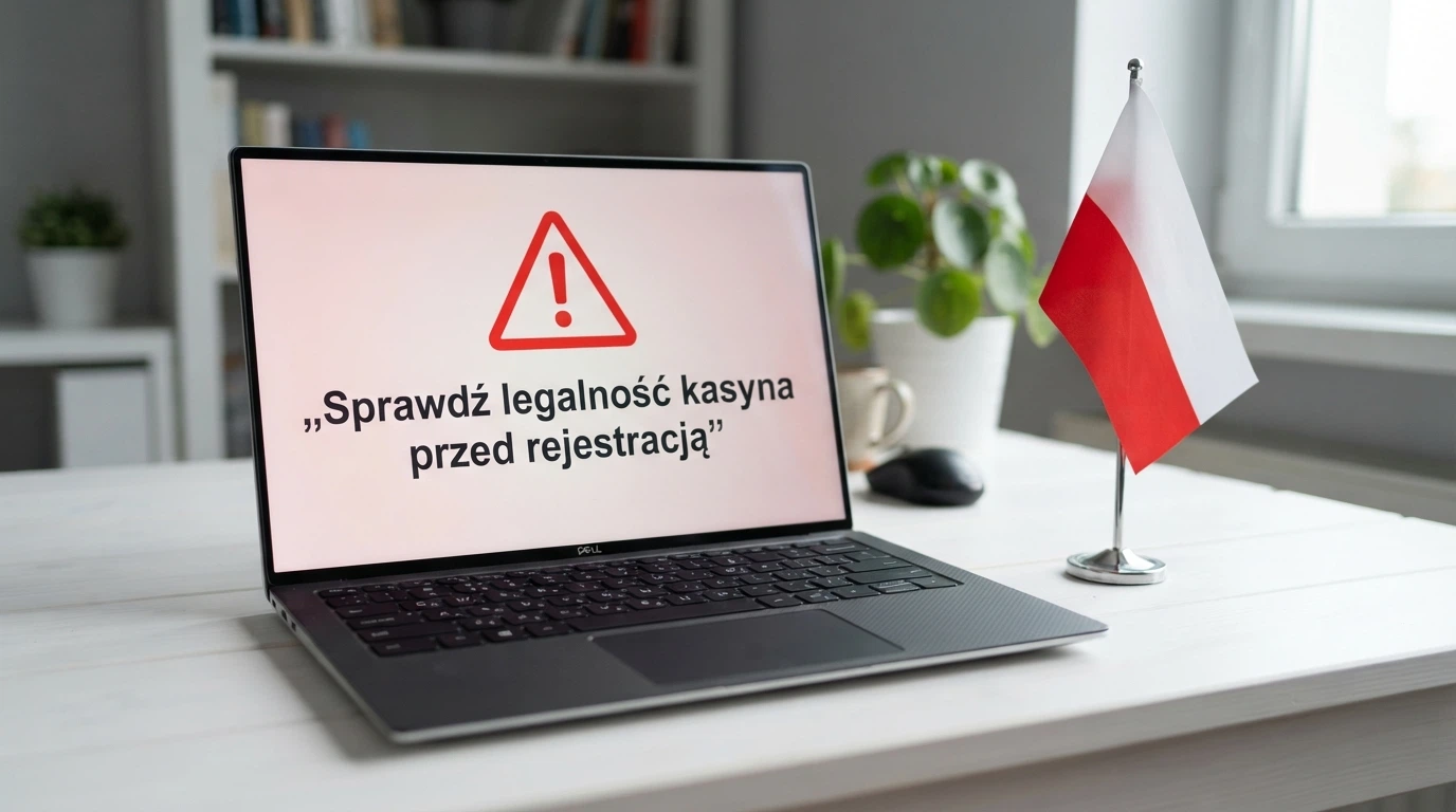 Flaga Polski na tle ekranu komputera wyświetlającego komunikat ostrzegawczy „Sprawdź legalność kasyna przed rejestracją” z logo Ministerstwa Finansów w rogu
