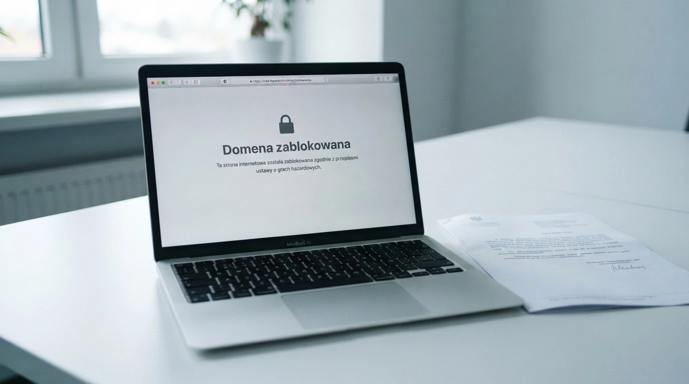 Dokument urzędowy z pieczęcią Ministerstwa Finansów leżący obok ekranu z komunikatem o blokadzie domeny kasyna
