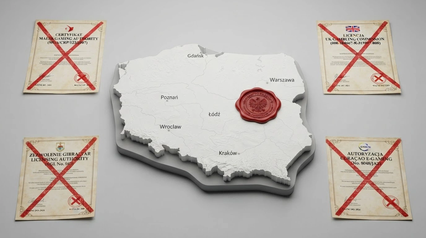 Przekreślone logo MGA i Curacao eGaming na tle konturu mapy Polski