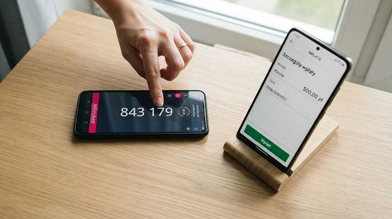 Smartfon z otwartą aplikacją bankową i kodem BLIK obok ekranu kasyna z przyciskiem wpłaty