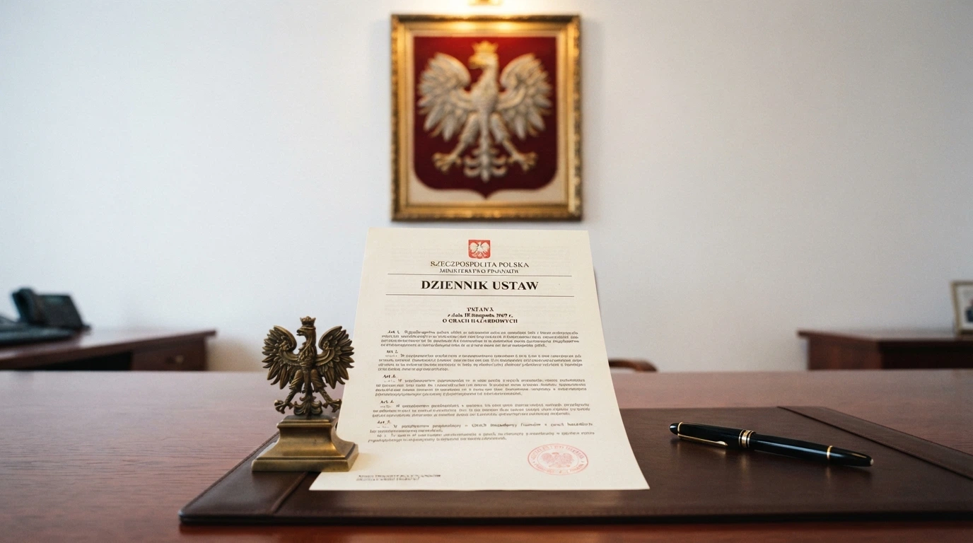 Dokument urzędowy opatrzony godłem Rzeczypospolitej Polskiej, nawiązujący do ustawy o grach hazardowych
