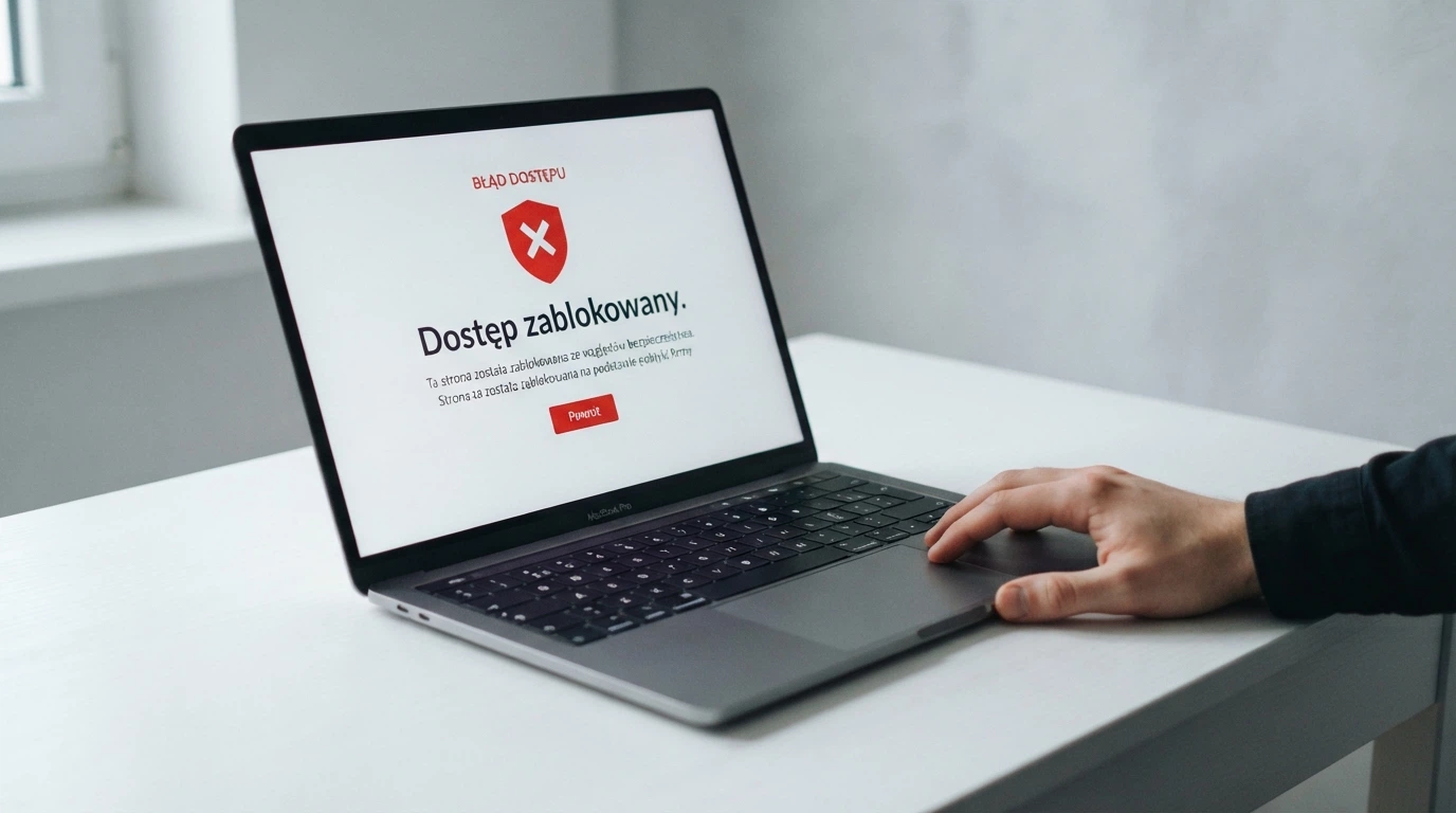 Dokument urzędowy z pieczęcią Ministerstwa Finansów obok ekranu z listą domen w Rejestrze Domen Zakazanych