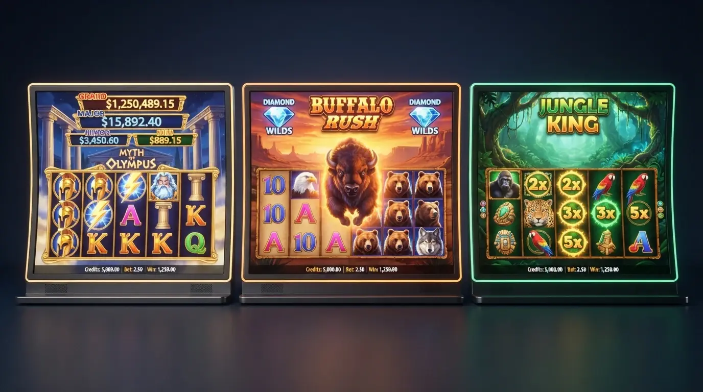 Ekrany trzech automatów Playtech: Age of the Gods, Buffalo Blitz i Epic Ape z widocznymi symbolami i jackpotem
