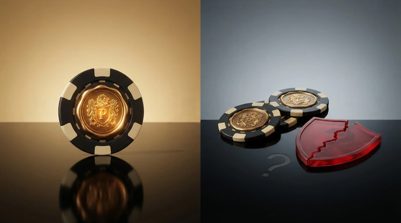 Infografika: po lewej logo Total Casino z pieczęcią „Monopol Państwa”, po prawej logo kasyn offshore z przekreśloną tarczą ochronną i znakiem zapytania