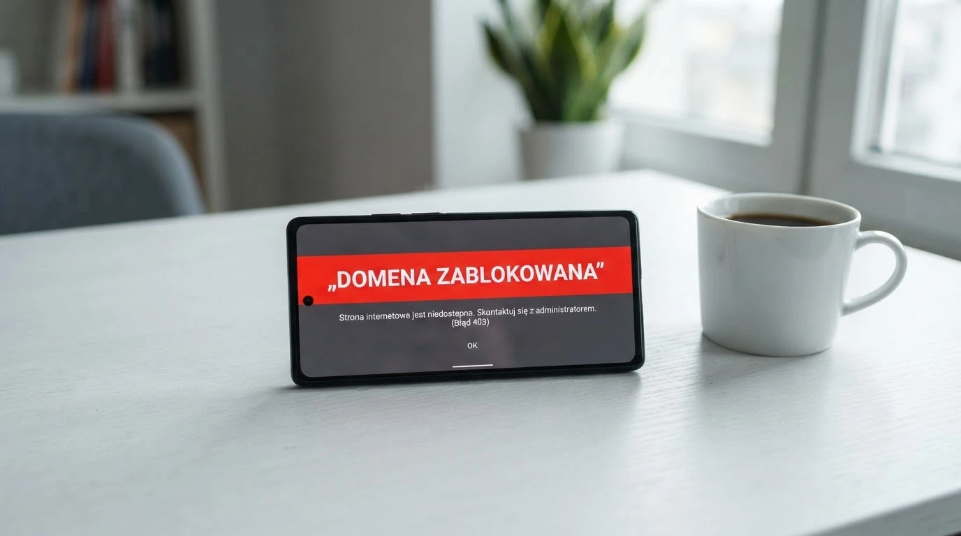 Dokument urzędowy ze stemplem Ministerstwa Finansów obok ekranu telefonu z ostrzeżeniem hazard.mf.gov.pl