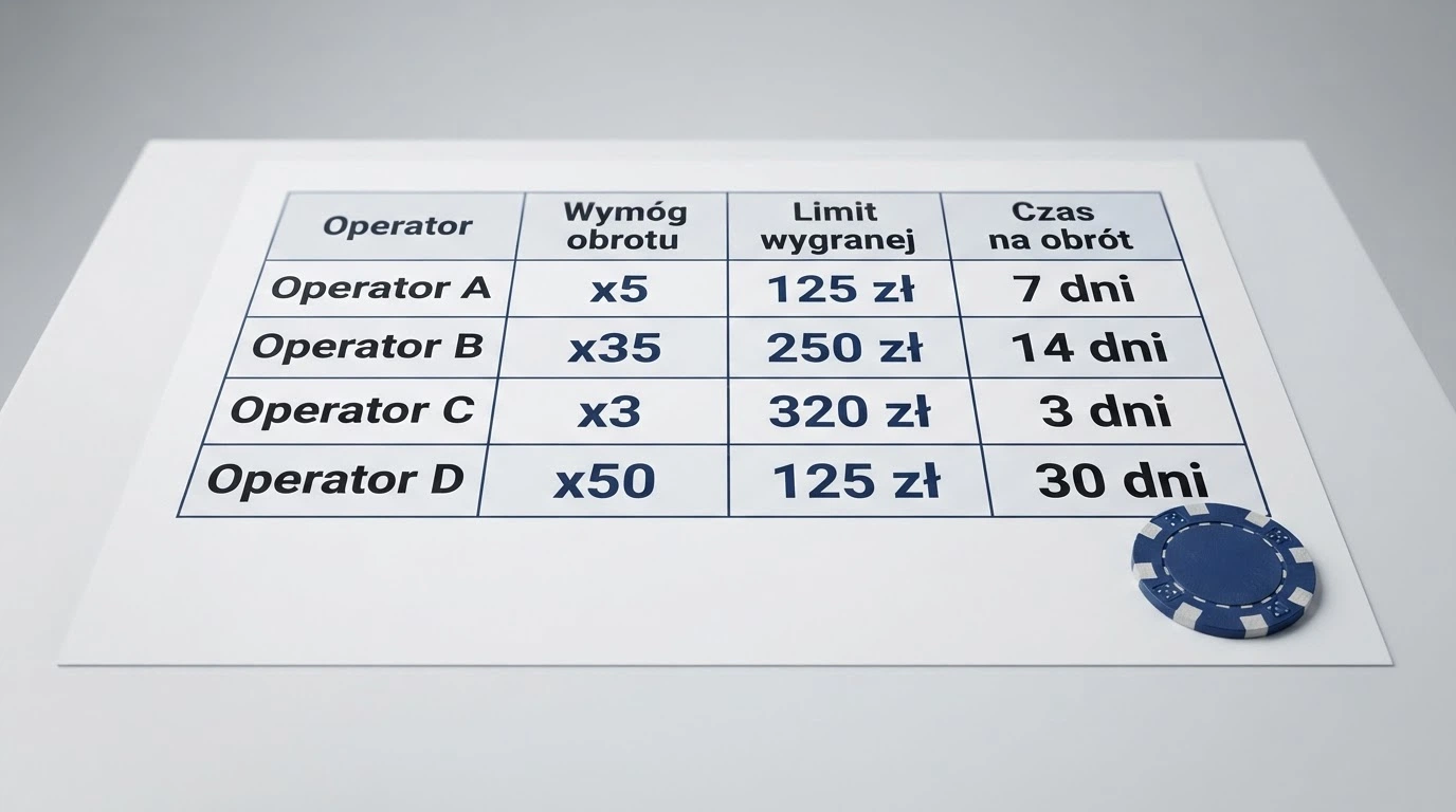 Zestawienie ofert bonusowych kilku operatorów z wyróżnionymi kolumnami: wymóg obrotu, limit wypłaty i czas na spełnienie warunków