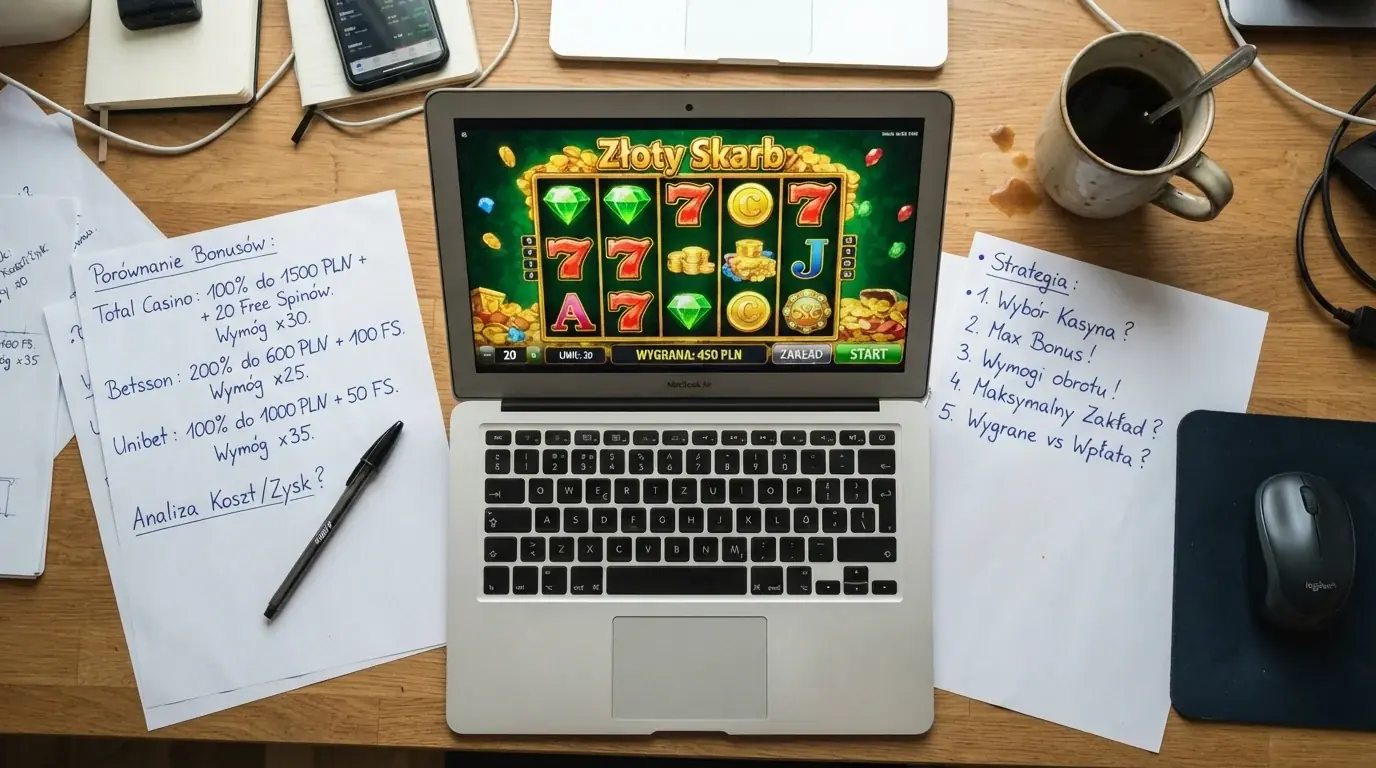 Tabela porównawcza kasyn online z kolumnami: nazwa kasyna, liczba darmowych spinów, warunek obrotu i maksymalna wygrana, na ekranie laptopa