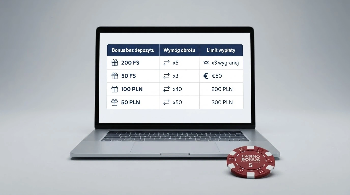 Tabela porównawcza na ekranie laptopa — kolumny z nazwami kasyn, liczbą darmowych spinów, wagerem i limitem wypłaty