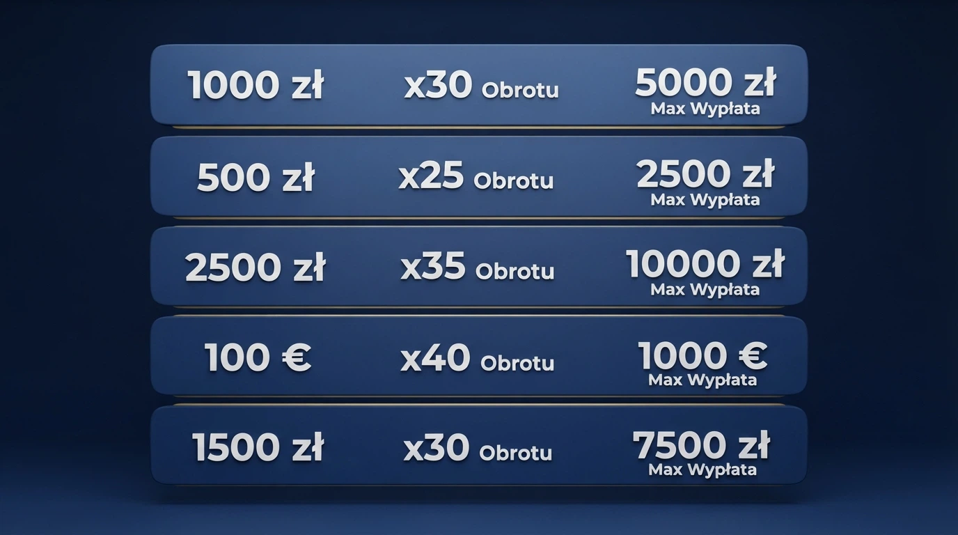 Tabela lub karty pięciu kasyn z widocznymi kwotami bonusu, mnożnikiem obrotu i logo operatorów
