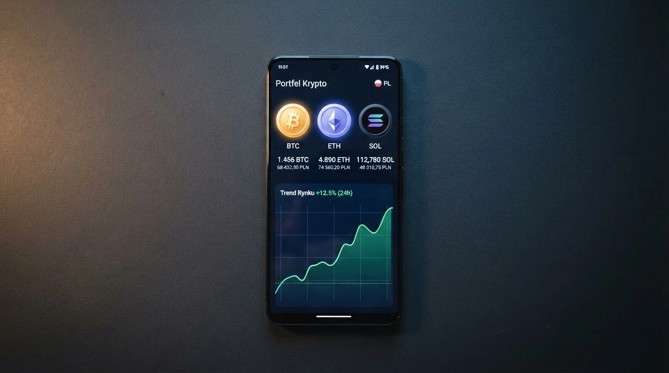 Ekran smartfona z aplikacją portfela kryptowalutowego — widoczne ikony Bitcoina, Ethereum i Monero, w tle wykres kursu