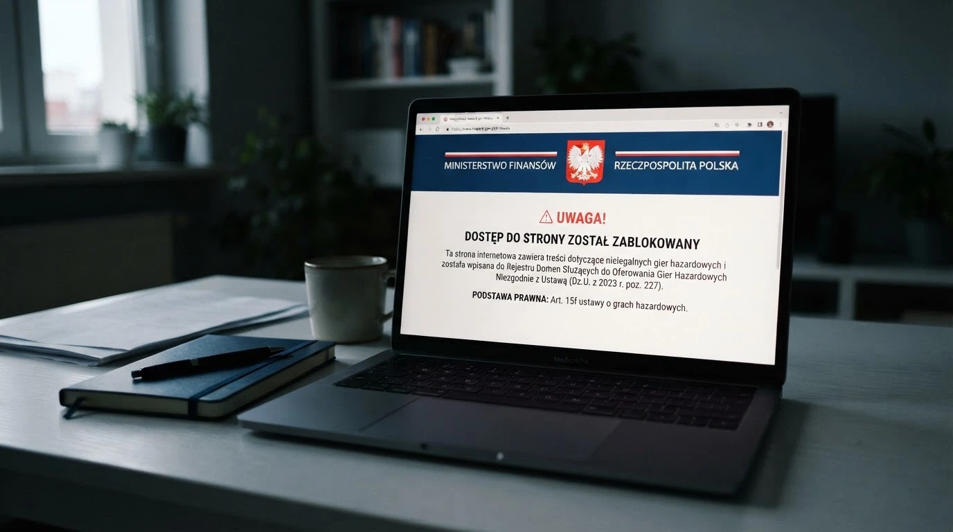 Ekran przeglądarki z komunikatem ostrzegawczym Ministerstwa Finansów o zablokowanej domenie hazardowej