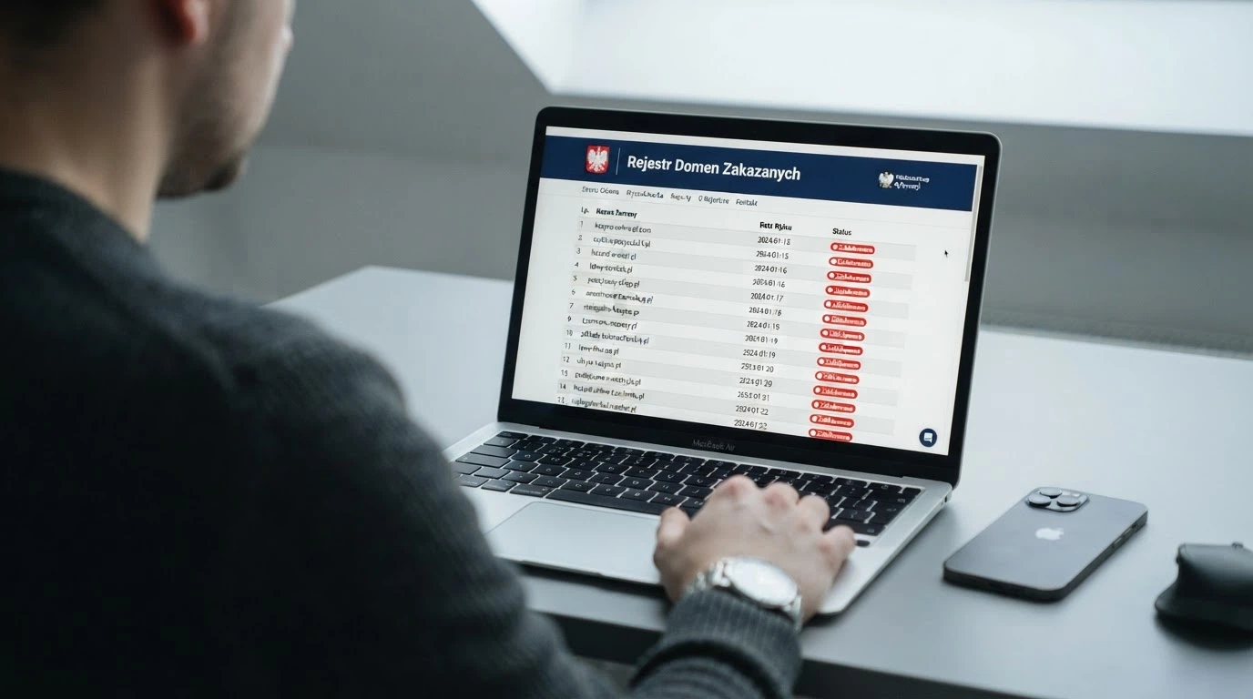 Ekran lub lista z Rejestru Domen Zakazanych Ministerstwa Finansów pokazująca zablokowane witryny hazardowe