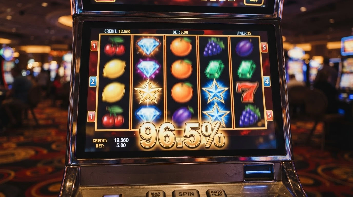 Kolorowe bębny automatu online z wyraźnie zaznaczonym wskaźnikiem RTP 96,5% i symbolami scatter