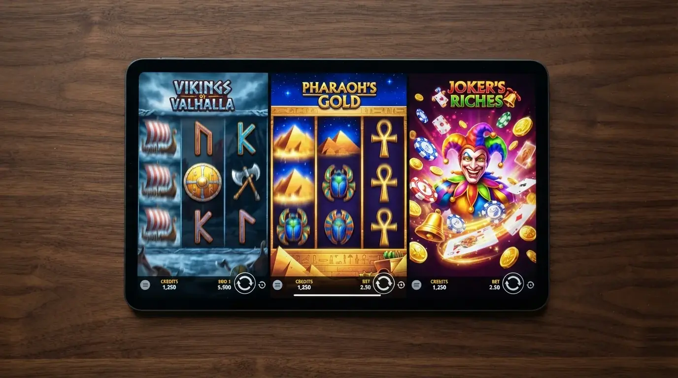 Kolaż okładek popularnych slotów Yggdrasil — Vikings Go Berzerk, Valley of the Gods i Joker Millions na tle ekranu z grą