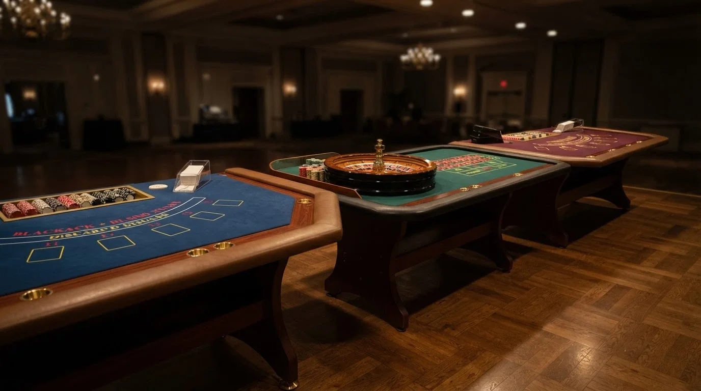 Trzy stoły kasynowe — ruletka, blackjack i poker — ustawione na sali bankietowej z profesjonalnym oświetleniem