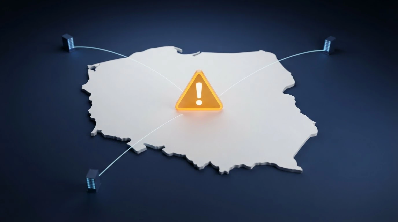 Mapa Polski z zaznaczonymi połączeniami do serwerów offshore — Curaçao, Malta, Estonia — i znakiem ostrzegawczym