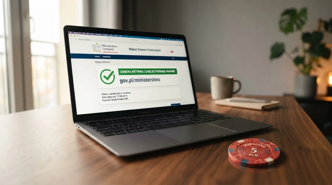 Logo Total Casino na ekranie laptopa, obok wydruk ustawy o grach hazardowych z zaznaczonym art. 5 i pieczęć Ministerstwa Finansów — kontrast między legalnym operatorem a szarą strefą