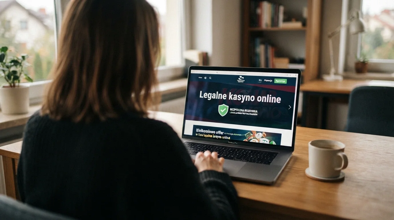 Strona główna Total Casino na ekranie laptopa z widocznym logo Totalizatora Sportowego i komunikatami o legalności