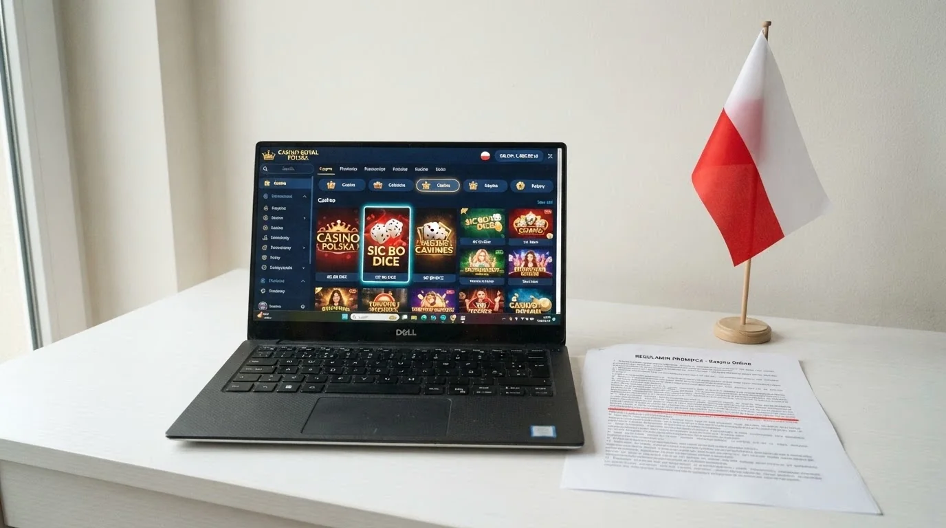 Logo Total Casino na ekranie laptopa obok wydruku ustawy o grach hazardowych z zaznaczonym art. 5, polska flaga w tle