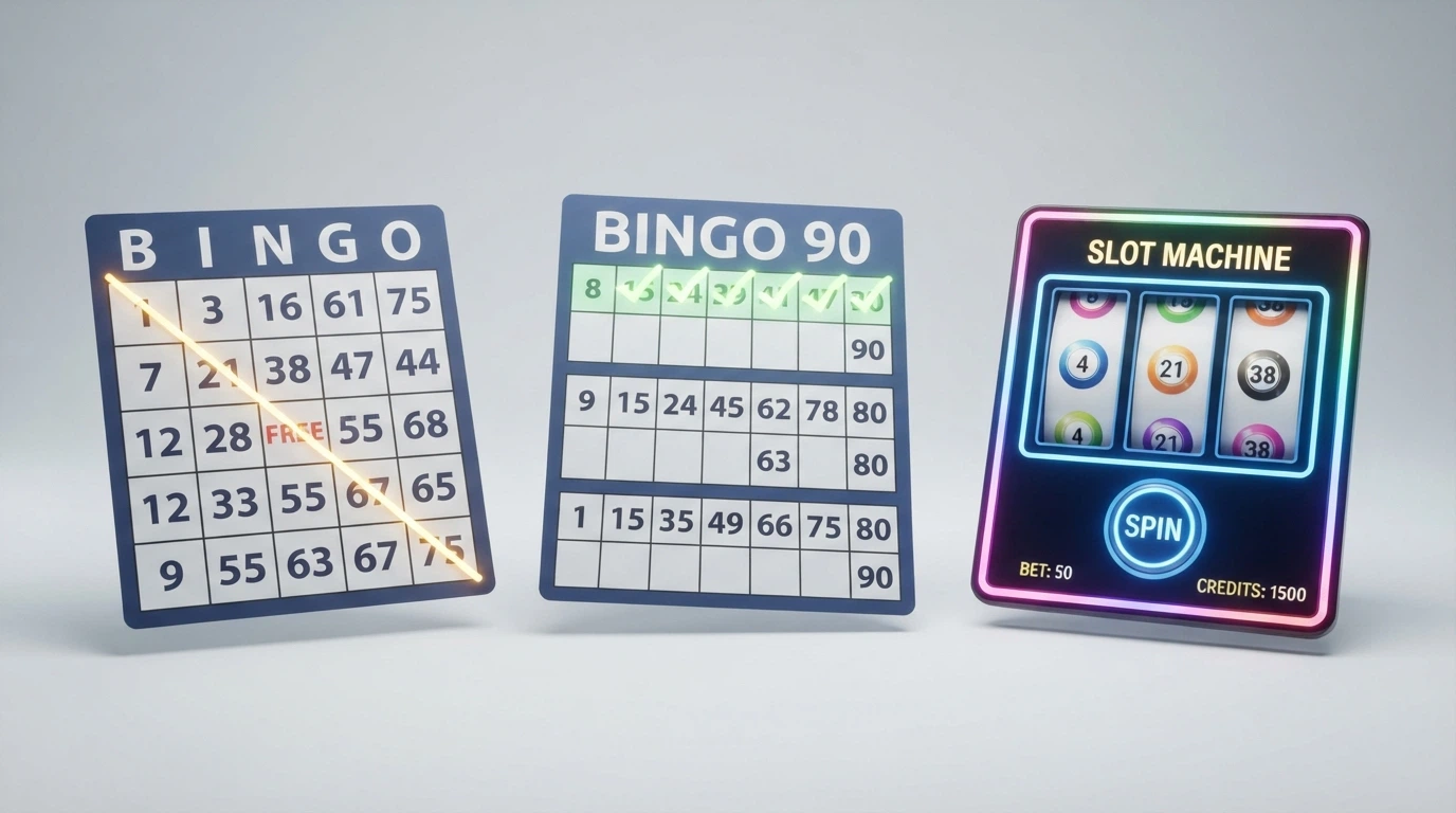 Trzy plansze bingo obok siebie: karta Bingo 75 z układem 5×5, karta Bingo 90 z pasami 3×9 oraz slot bingo z bębnami i symbolami bingo