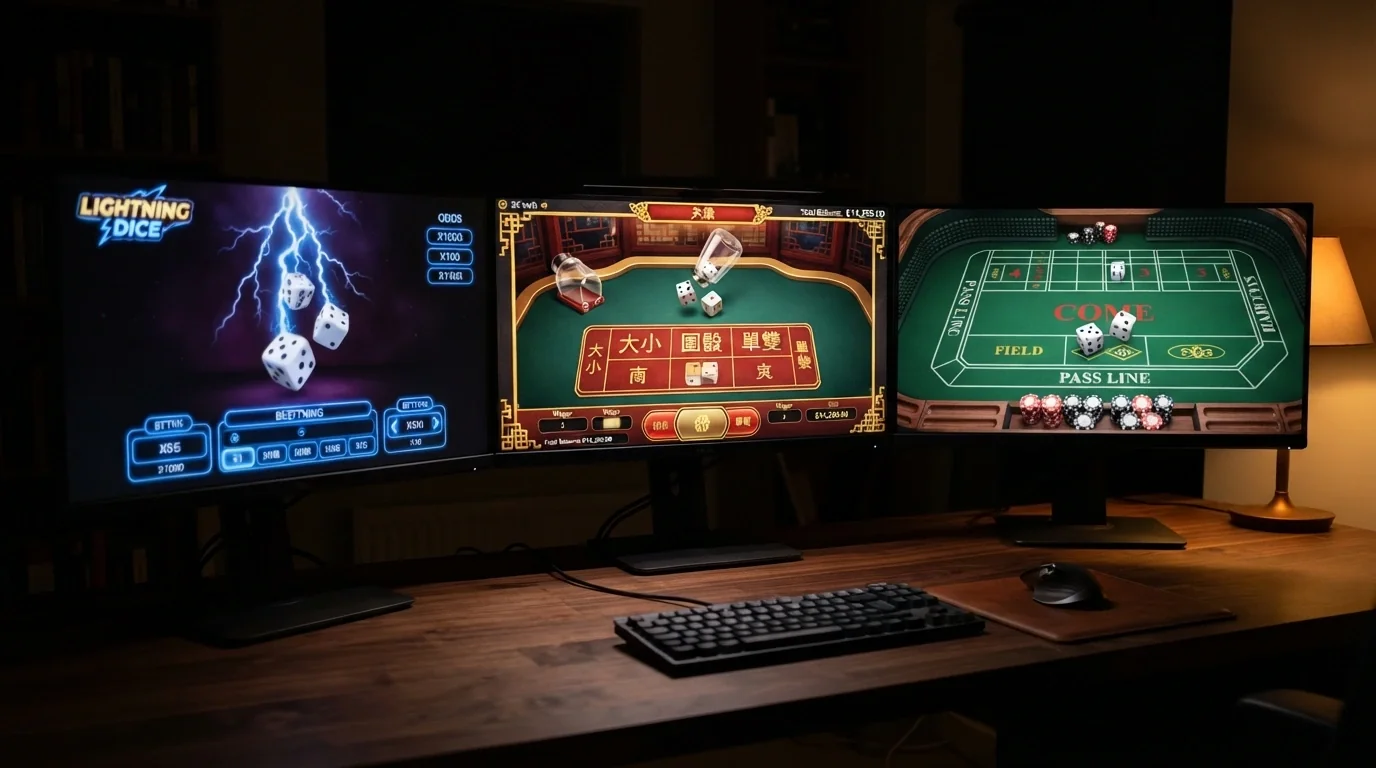 Trzy różne stoły do gry w kości od Evolution — Lightning Dice z piorunami, Super Sic Bo z azjatycką tablicą zakładów i klasyczny stół do craps — na sąsiadujących ekranach